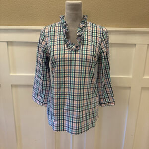 NWT Talbots Plaid Gingham Ruffle Tunic Blouse Size:6P Cotton V Neck MSRP:$89.5